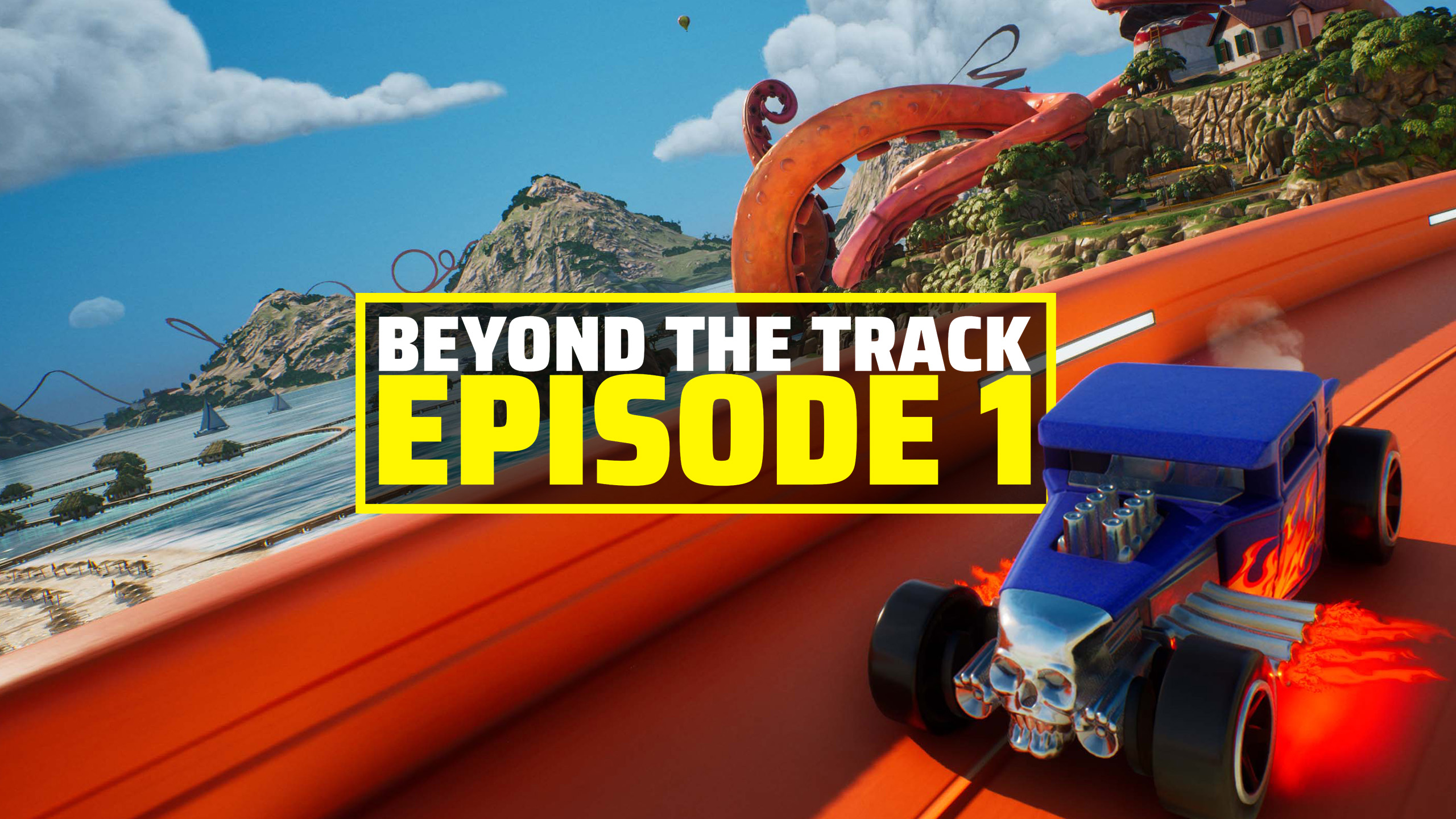 Hot Wheels Infinite Rush avec une voiture sur une piste orange dans le monde ouvert